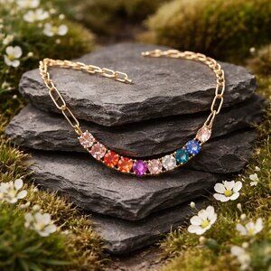 Sale Vibrant Colorful Gemstones Gold Paperclip Chain Tennis Necklace